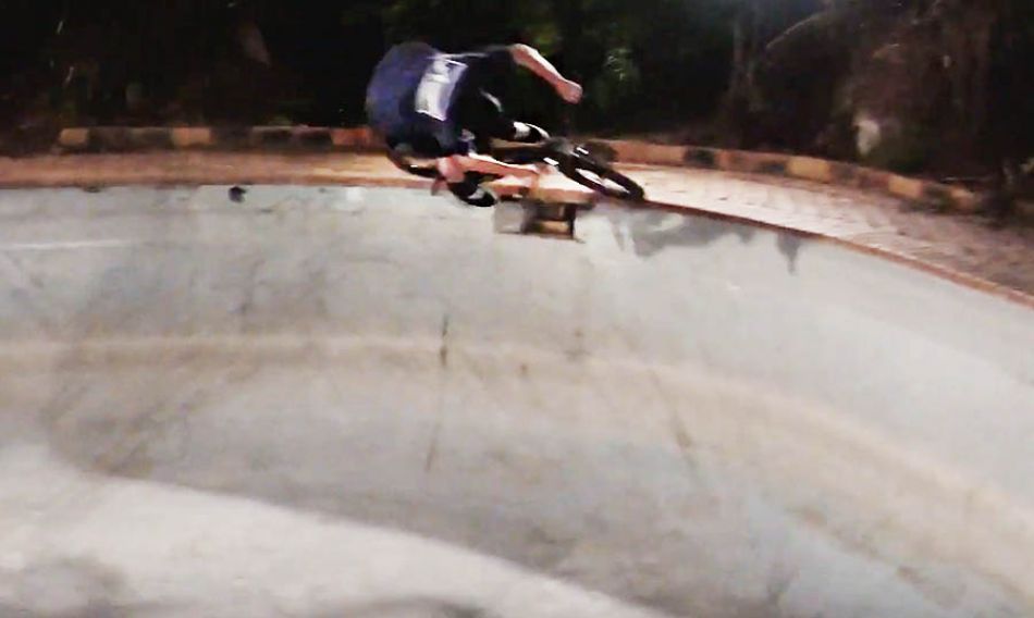 Boyd Hilder, Alex Hiam, Raph Jeroma-Williams and the LUXBMX crew ride an abandoned pool.