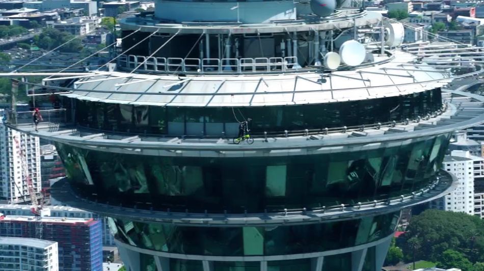 BMX star Sarah Walker rides the outer rim of New Zealand’s highest building